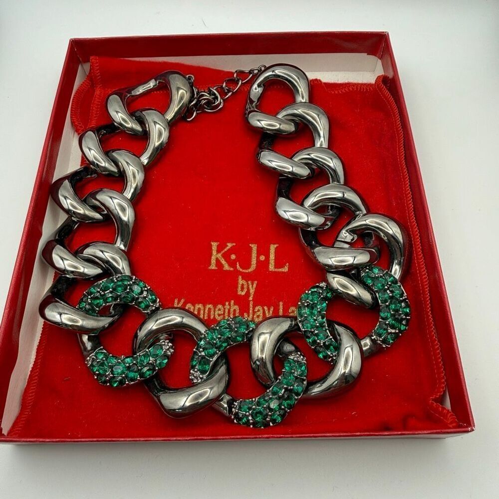 Kenneth Jay Lane Chunky Chain Statement Necklace Green Crystal Gunmetal New